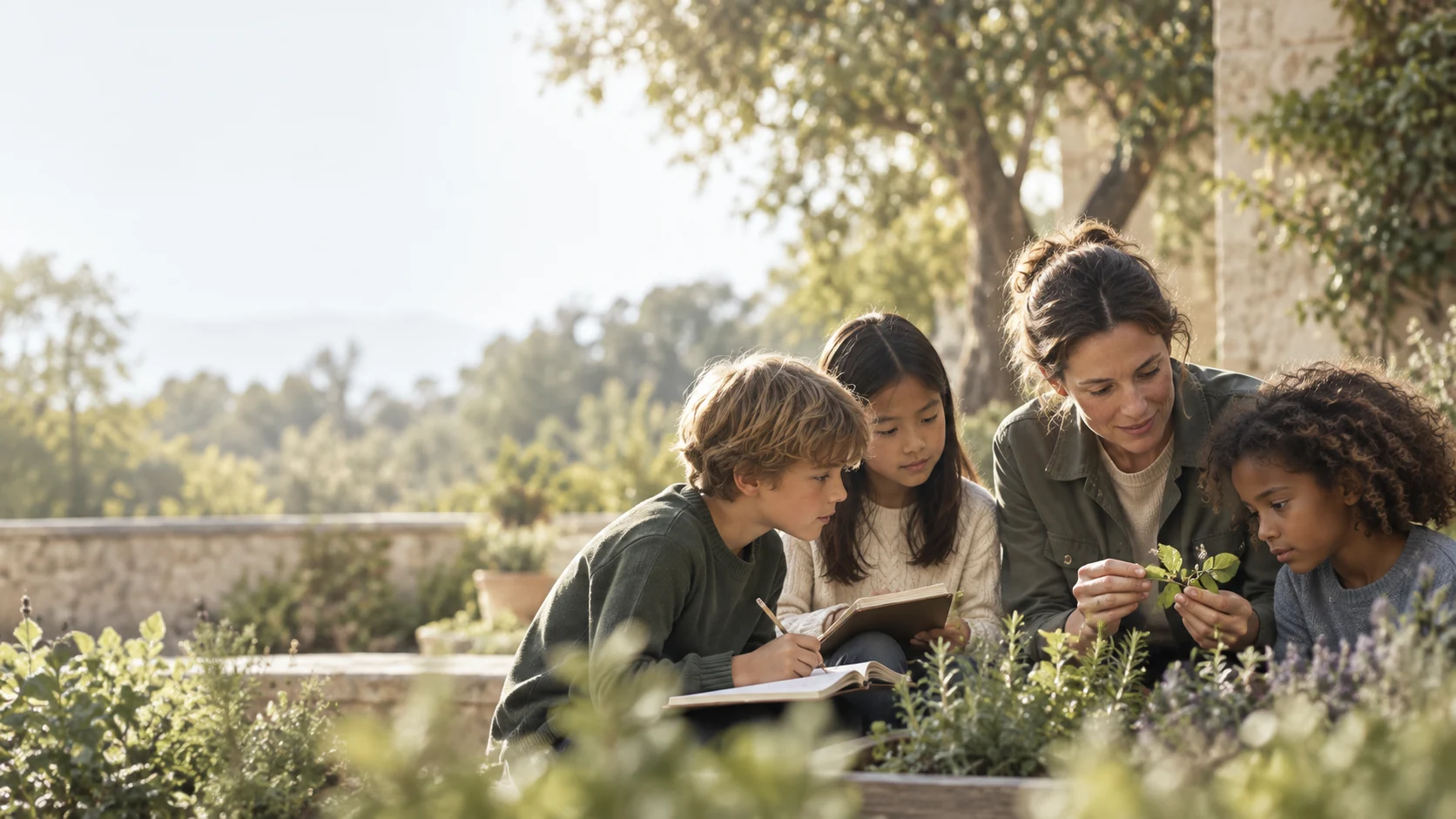 Kinder lernen gemeinsam mit einer Pädagogin in der Natur